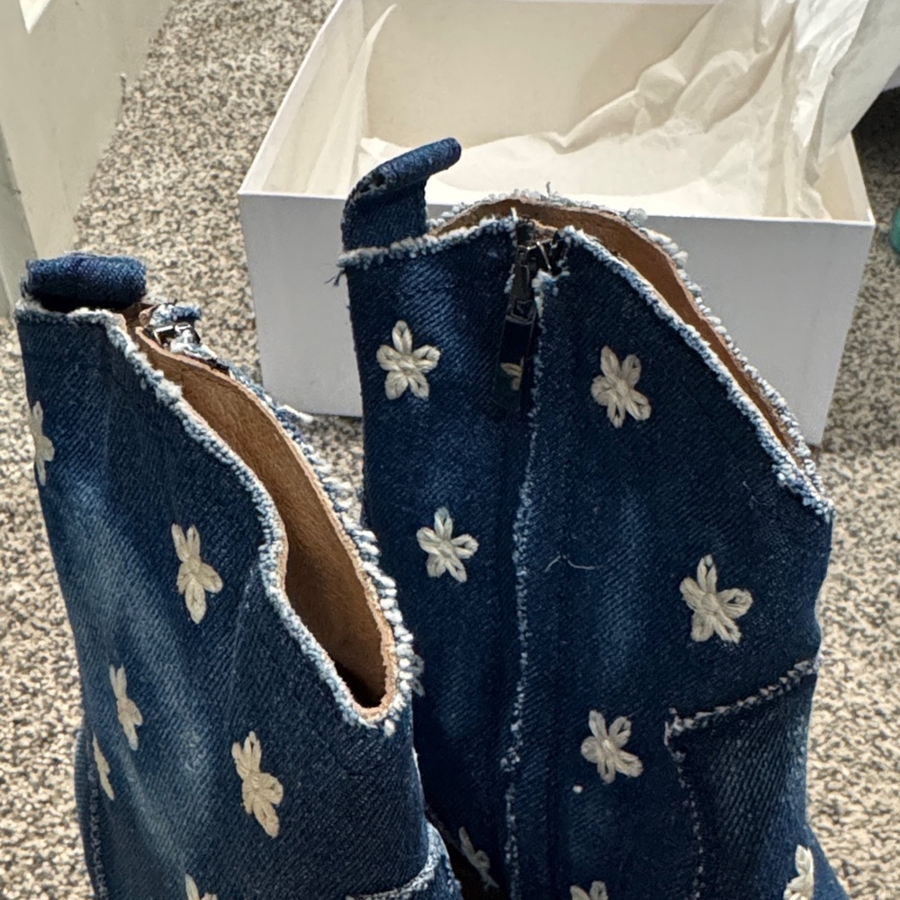 Blue Denim Ankle Boots with Floral Accents - Picture 9 of 11